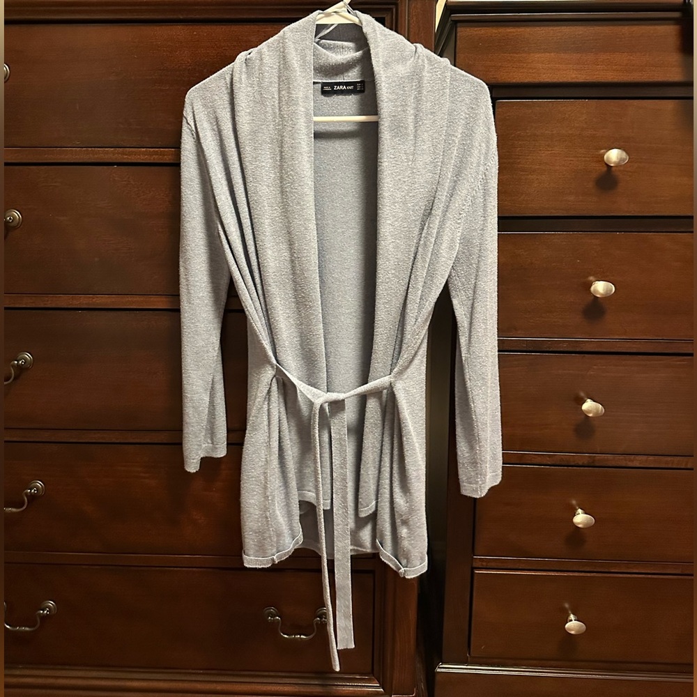 ZARA gray shawl-collar belted cardigan